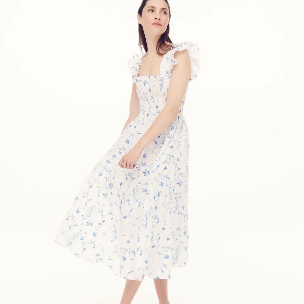Hill House White and Light Blue Floral Smocked Midi Dress - Picture 2 of 5